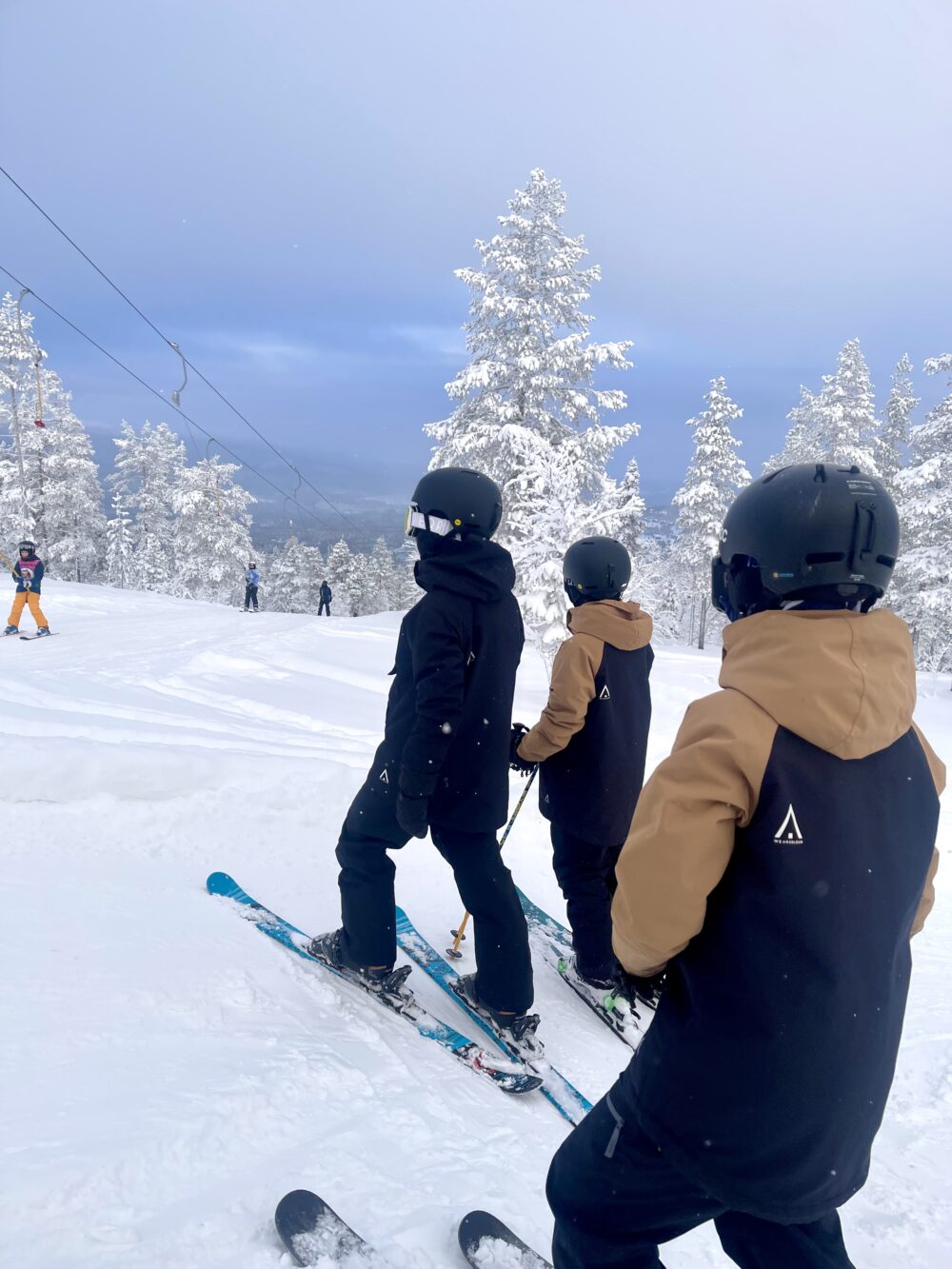 tre skidåkande kompisar i ett vinterlandskap fullt med snö.