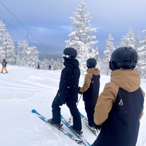 Tre venner på ski i et vinterlandskab fuld af sne.