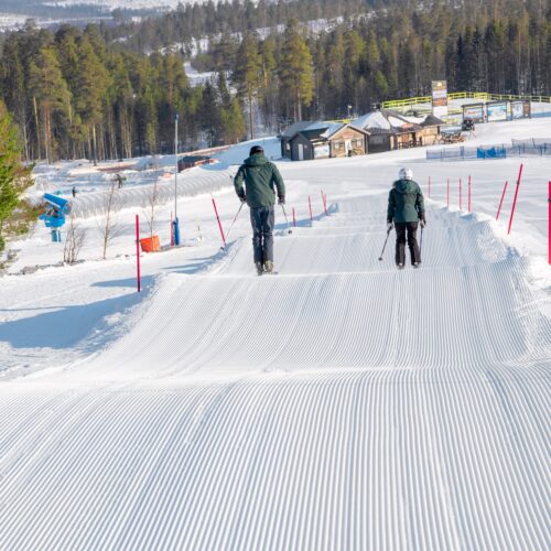 Two skiers glide down a groomed family slope in a sunny winter landscape.