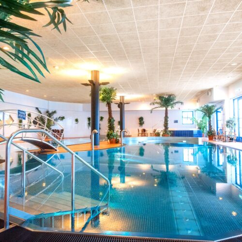 Inomhuspool med bro, palmer och ljus belysning i spa-miljö