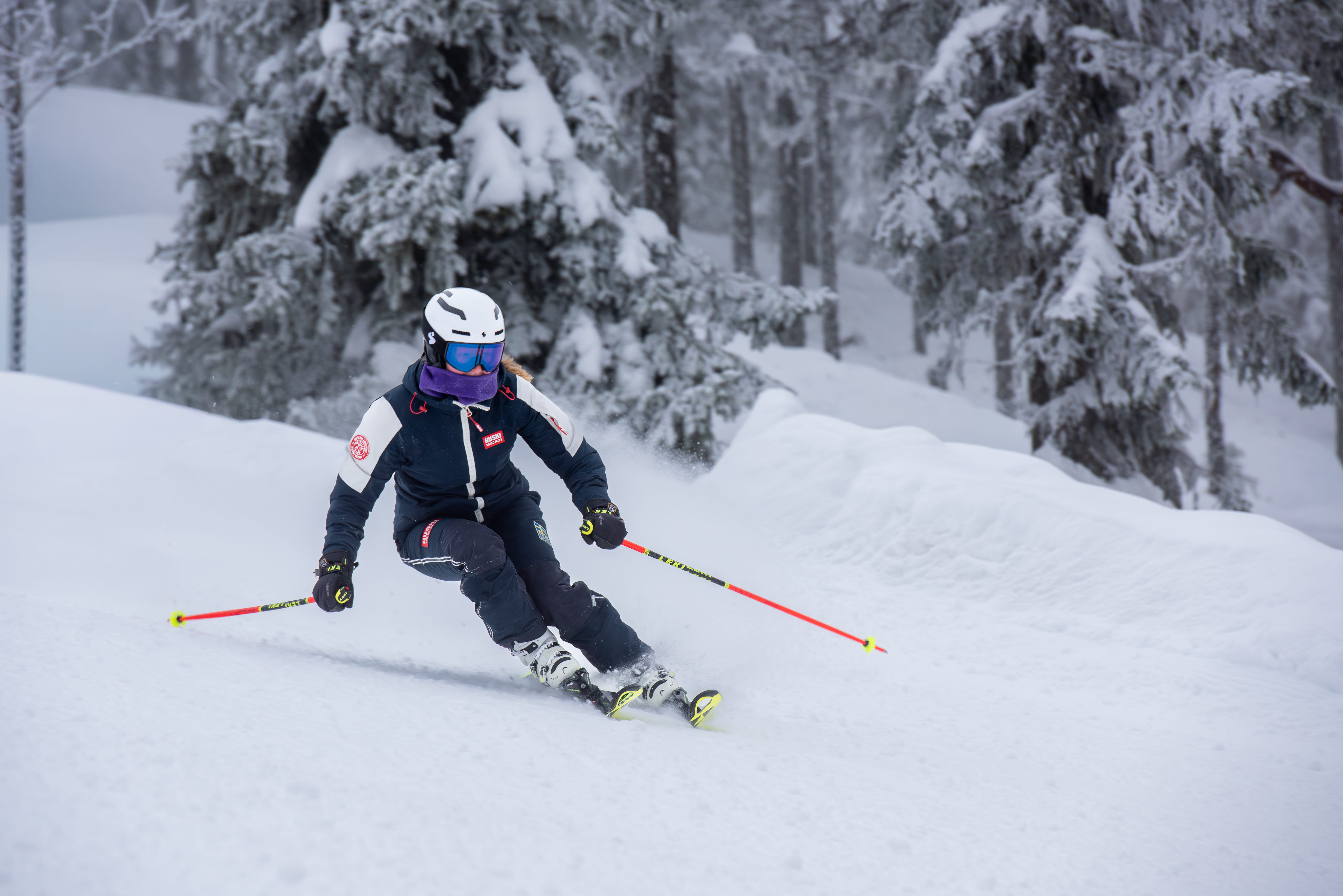 Alpin skidåkare svänger i pisten, snöklädd skog i bakgrunden, med hjälm och stavar.