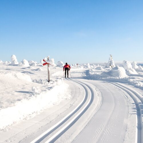Person på langrendsski på nypræparerede spor i åbent bjerglandskab under klar blå himmel