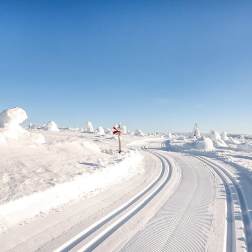 Preparerat längdskidspår slingrar genom snötäckt fjällandskap under klarblå himmel