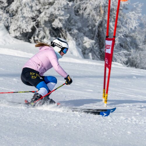 Alpine skiers in pink jackets and blue racing trousers swing around red slalom poles on a snowy slope with frosty trees in the background