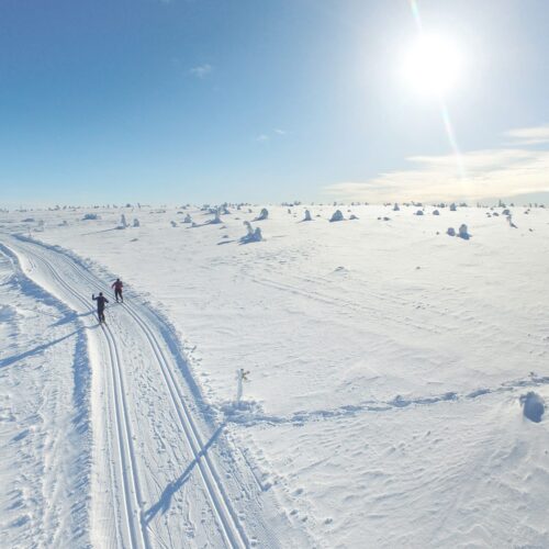 To skiløbere på et præpareret langrendsløjpe over en stor snedækket bjerghede under skarp sol