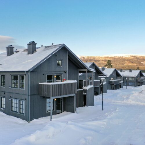 Mørkegrå toetagers huse med snedækkede tage, altaner og pløjede veje, bjerge i baggrunden under en klar blå himmel.