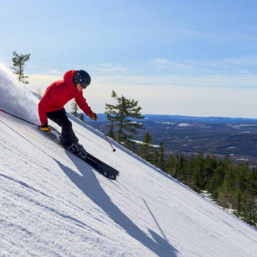 Person in red ski jacket skiing down snowy slope, snow spraying up against blue sky and forest in the background