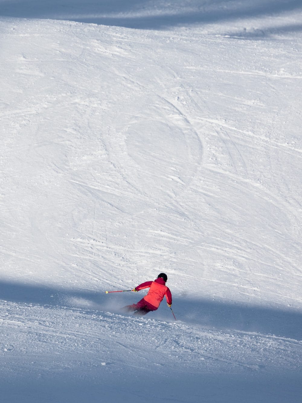 Person i röd skidjacka åker nedför snötäckt backe med skidstavar i händerna