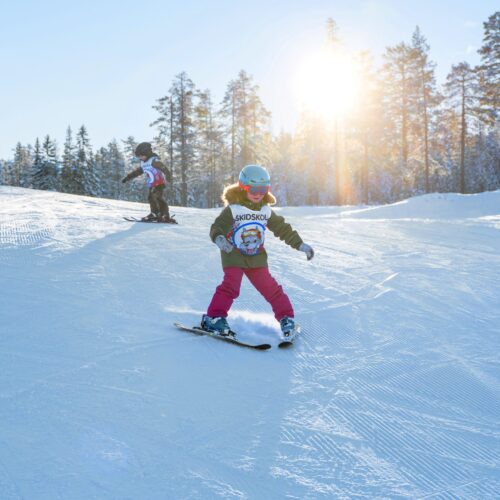 Børn i skiskole står på ski ned ad en solbeskinnet piste med snedækkede træer i baggrunden.