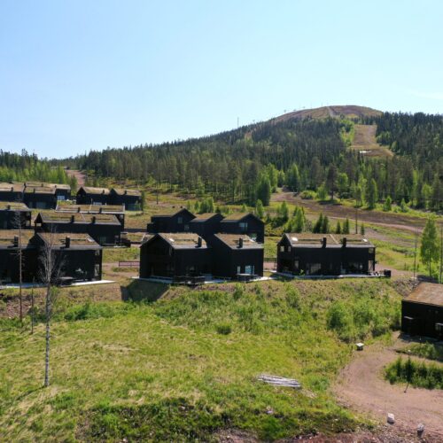 Sorte bjerghytter på grøn skråning med skov og skibakke i baggrunden under blå himmel