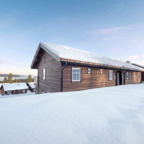 Brunt træhus med snedækket tag, store vinduer og døre, omgivet af hvid sne og udsigt til bjerge og sø i baggrunden.