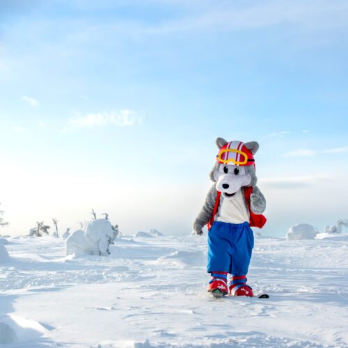 Maskoten Vargy i röd väst och blå byxor står ensam på snötäckt fjäll under klarblå himmel
