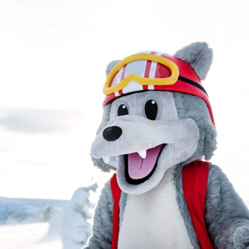 Maskotten Vargy i rød vest og skibriller står i et snedækket landskab.