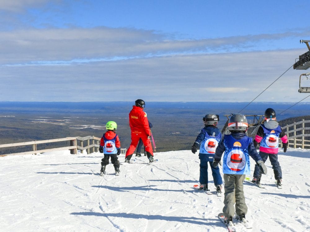 Barn i skidskola med instruktör på snötäckt topp med vidsträckt utsikt