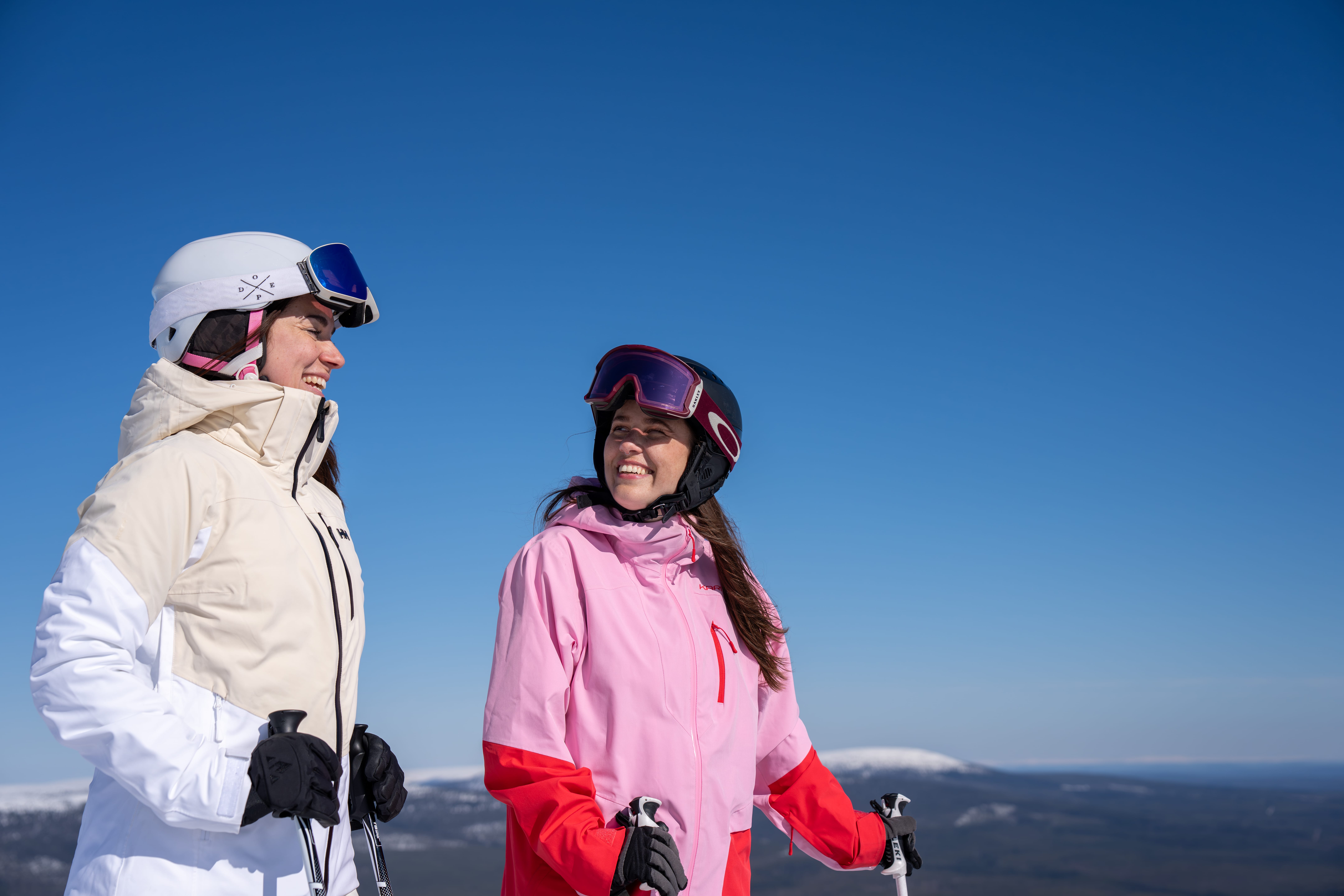 Two skiers wearing helmets and goggles stand in a mountain landscape with poles under a clear blue sky.