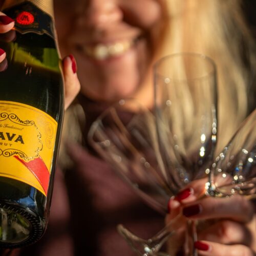 Cava bottle with yellow label held next to three empty champagne glasses against dark background