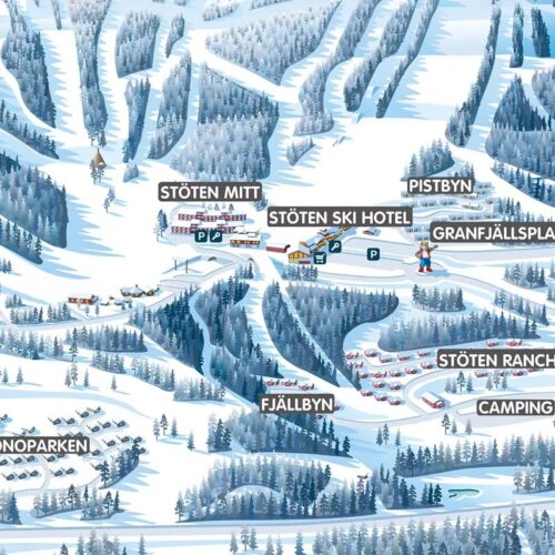Illustrerad skidkarta över Stöten med markerade backar, liftar, boendeområden och servicepunkter i fjällmiljö.