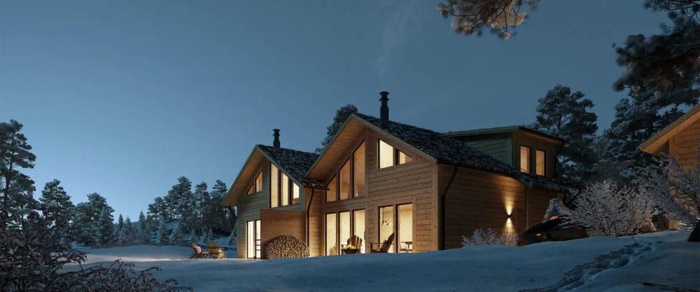 Modern fjällstuga i trä med stora fönster, snötäckt mark, kvällsbelysning och omgivande tallskog.
