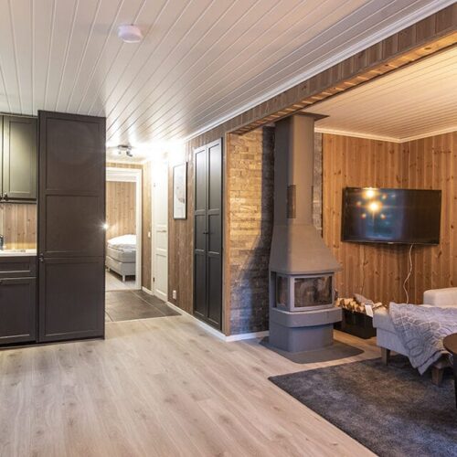 Åbent opholdsrum med mørke køkkenskabe, lyse træpaneler, pejs, beige sofa og væghængt tv.