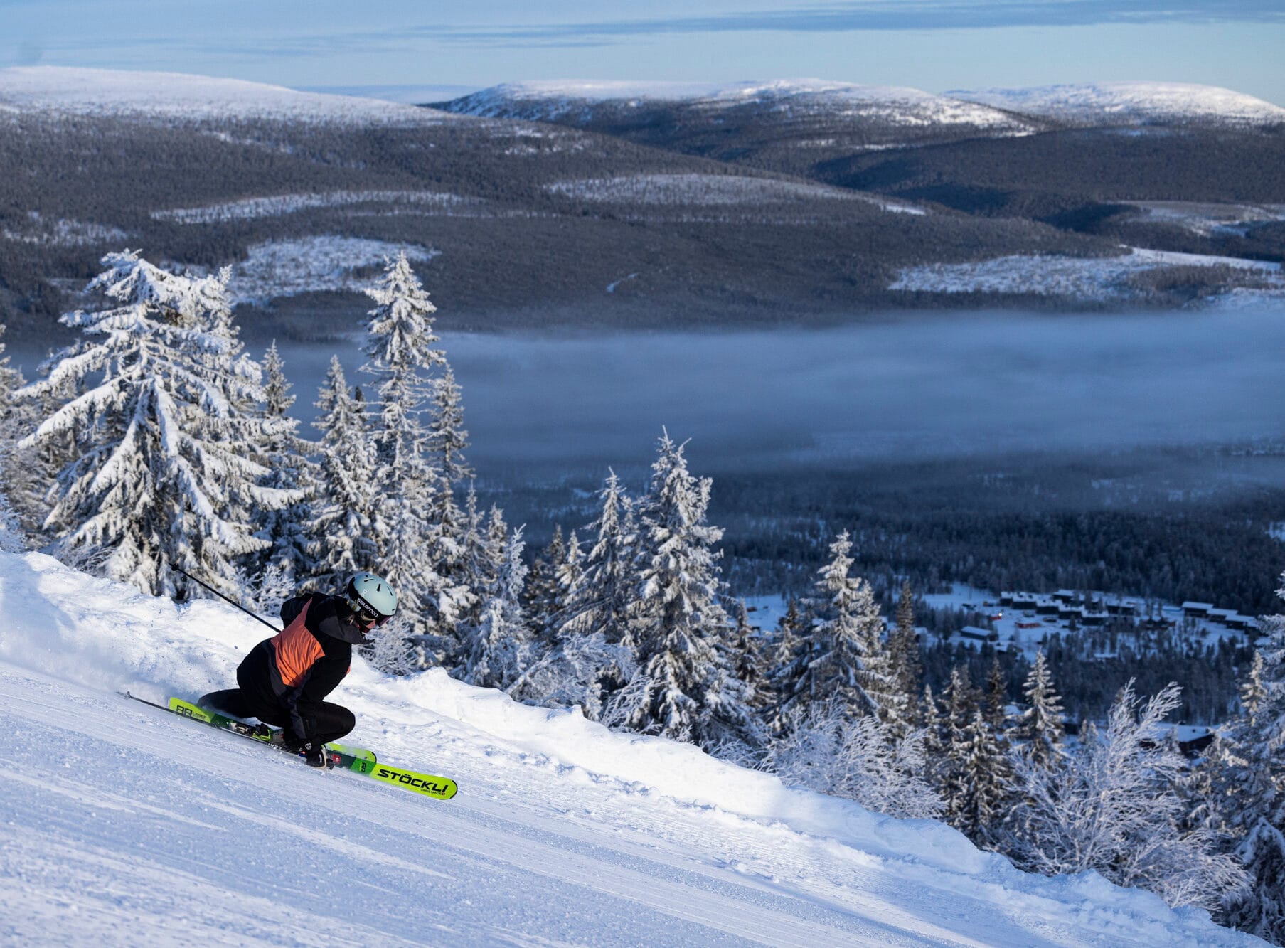 Skiers swing down snow-covered mountain slope with powder snow and views of forest and mountains