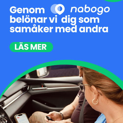 Two people in car use mobile app for carpooling, text about Nabogo reward.