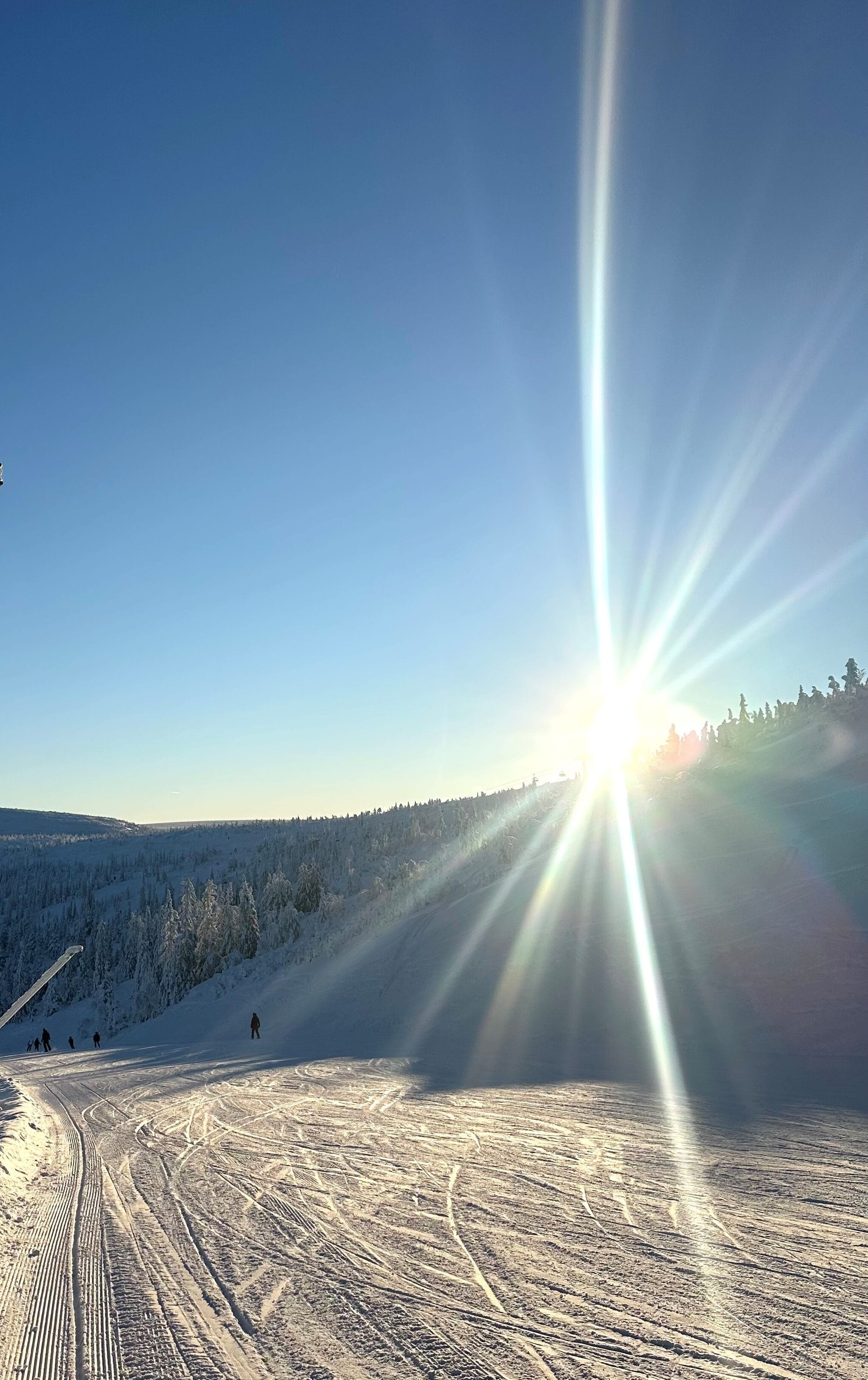 Snedækket skibakke ved solopgang med maskinspor på pisten og skovklædte bjerge i baggrunden.
