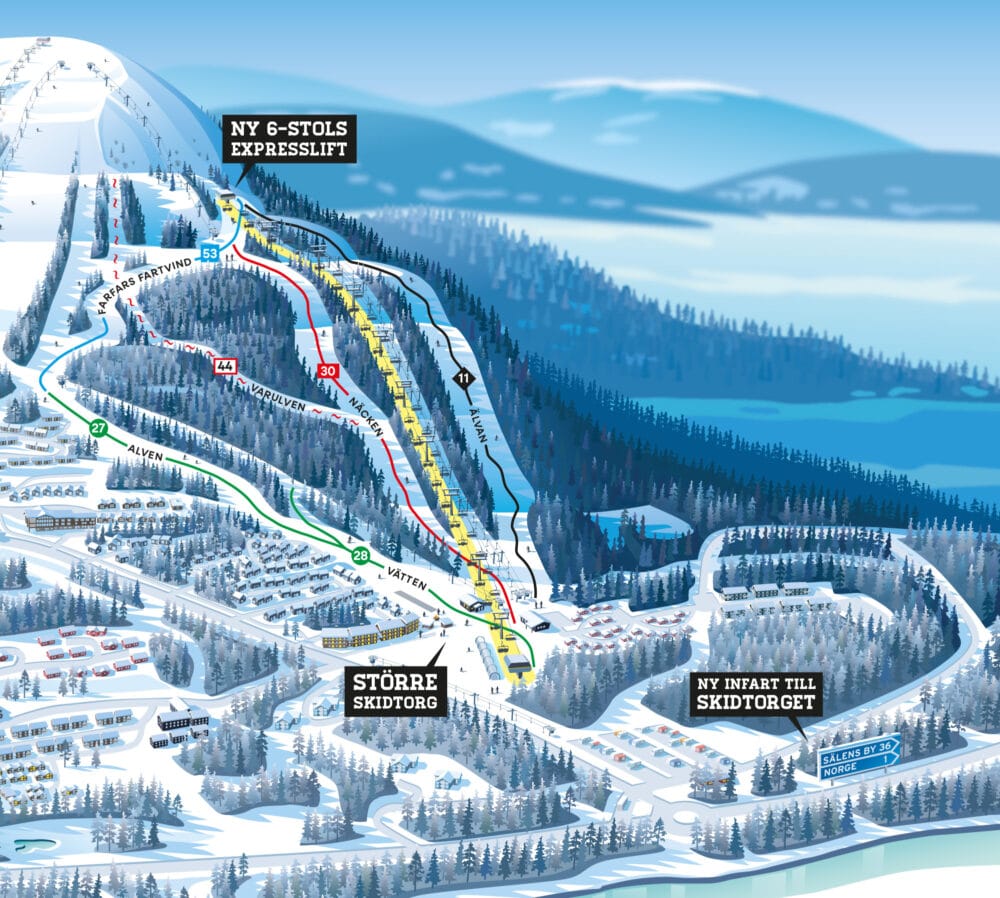 Piste map with marked slopes in different colours, also showing what's new on the mountain.