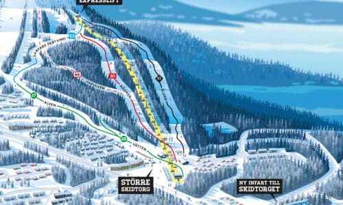 Pistkarta med utmärkta nedfarter i olika färger som också visar nyheter på fjället.