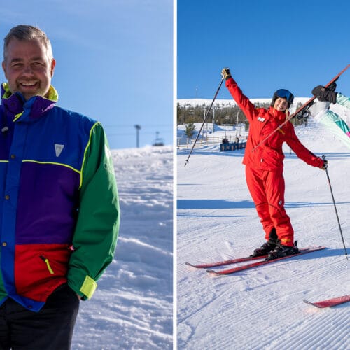 People in colourful clothes on a ski slope illustrating ski ballet.