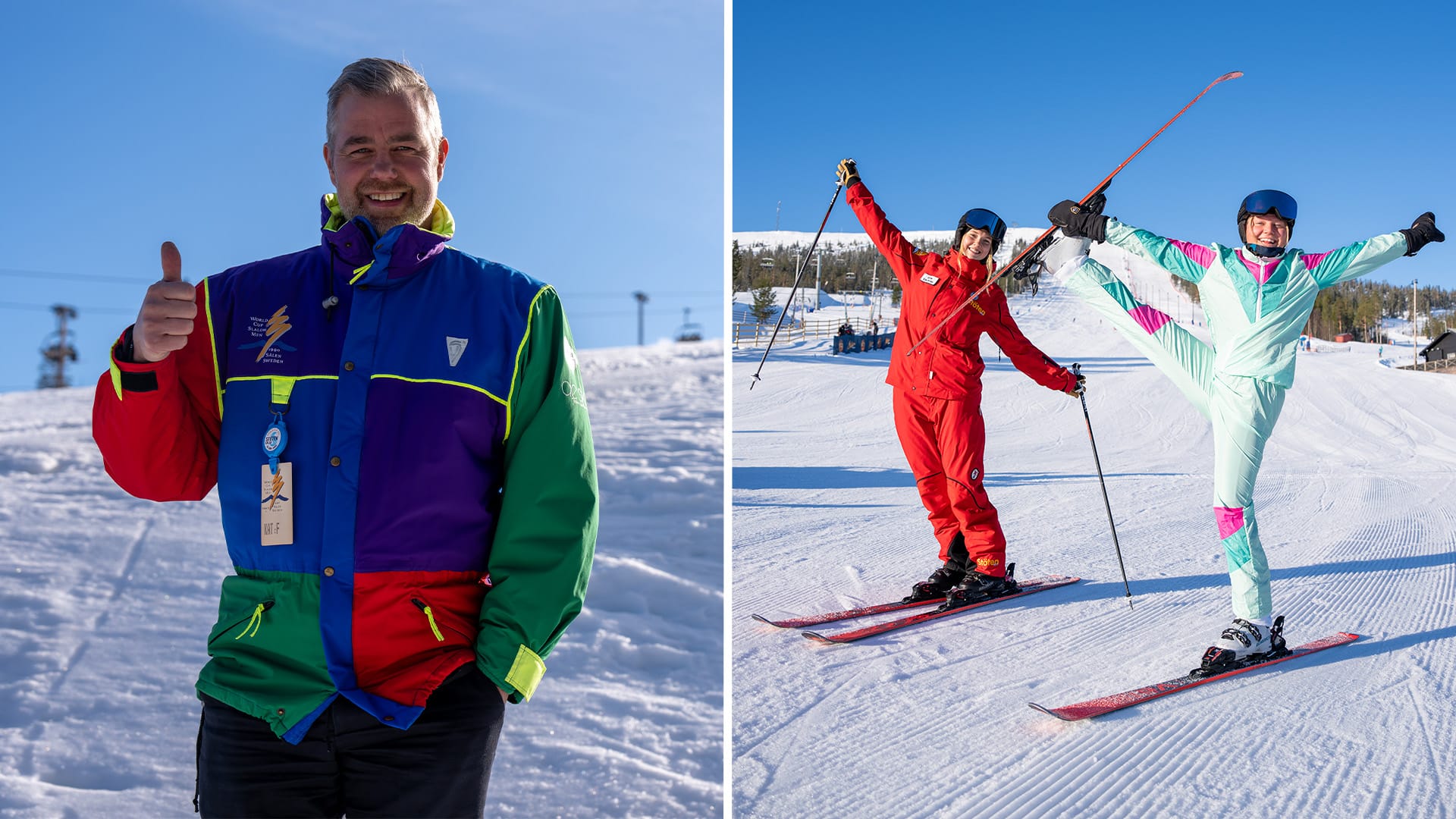 Personer i färgglada kläder i en skidbacke som illustrerar skidbalett.