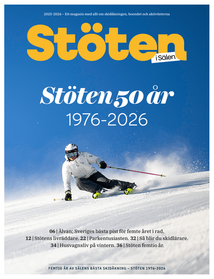 Billede på forsiden af Stöten Magazine fra sæsonen 25/26 med en skiløber på forsiden.